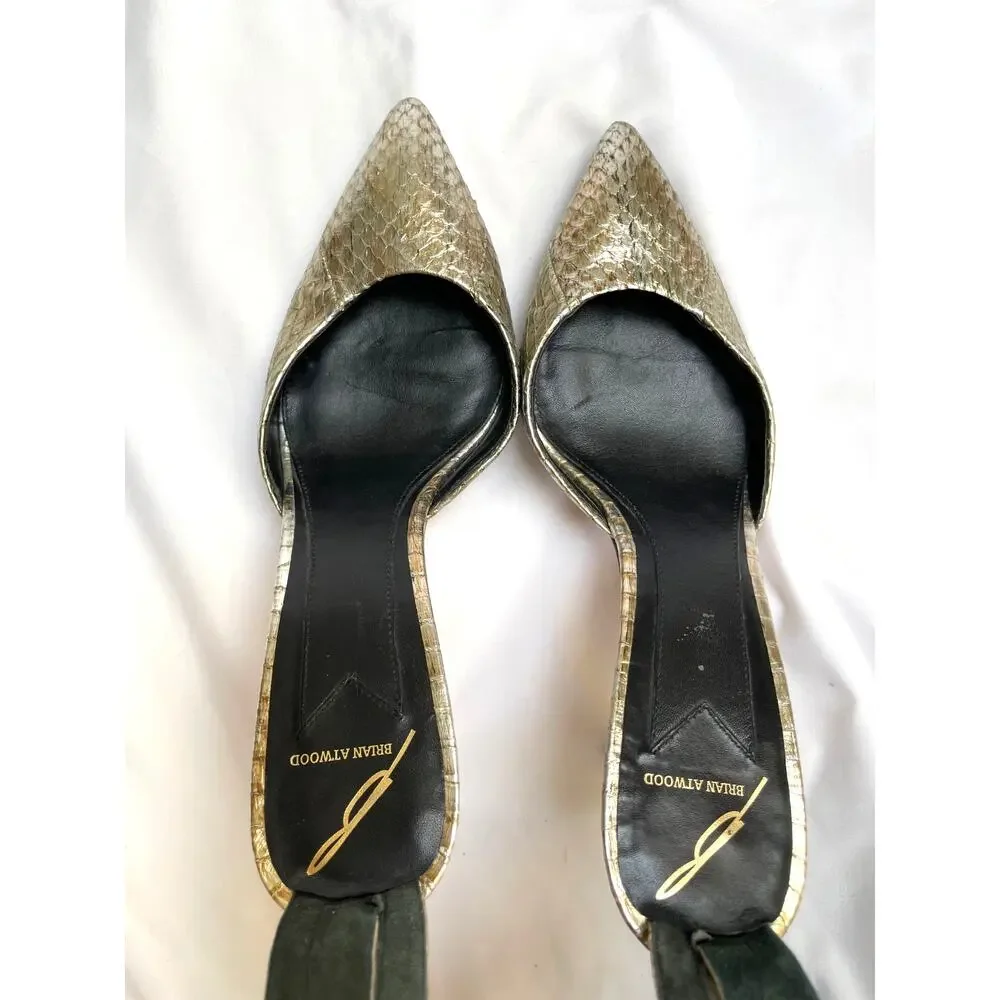 Brian Atwood Mercada Metallic Silver Leather Snake Stud Ankle Strap Heels, 6.5